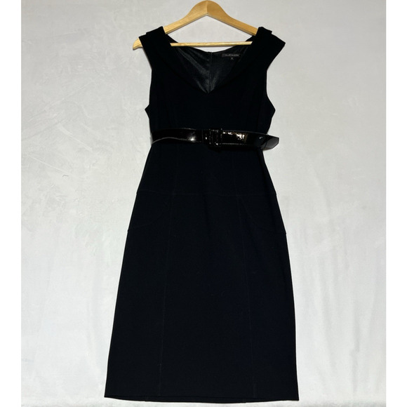 David Meister Pencil Dress 12 Black Belted Shawl Collar Career Evening USA - Picture 1 of 11